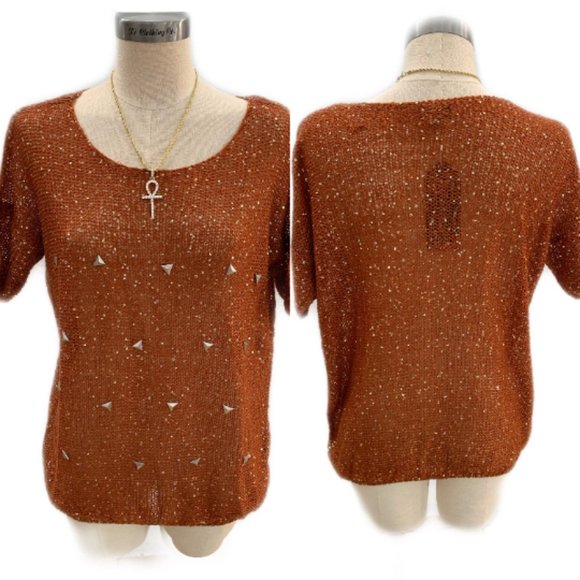 Rust Orange Knit Studded Sweater with Metallic Accents - Shimmery Lightweight - Picture 1 of 1